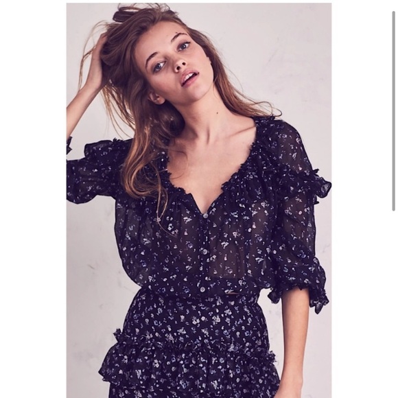 LoveShackFancy Black Ruffle Popover Floral blouse in Black Jardin Size Small - Picture 7 of 14